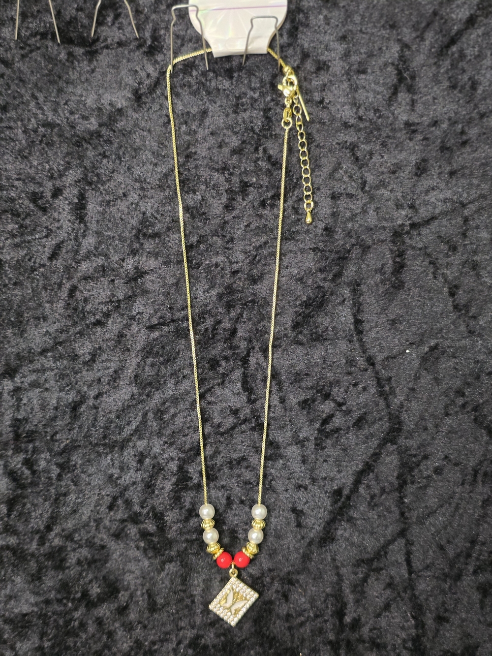 14k Gold-filled Necklace with Red Beads, Pearls and Square Crystal Pendant
